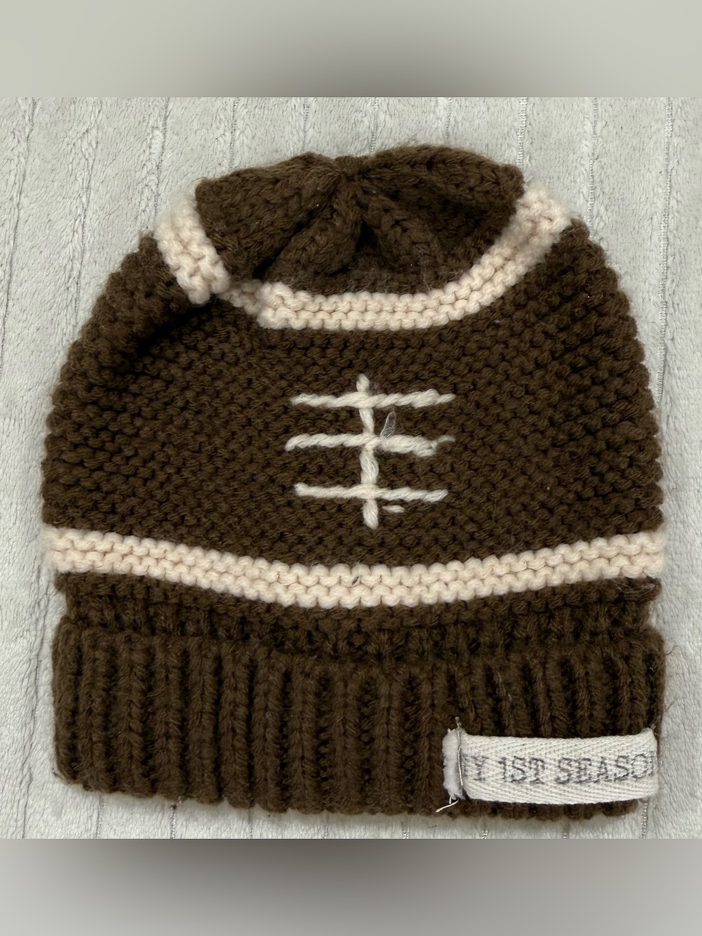 Mudpie Brown Knit Football Beanie with Cream Stripe and Stitch Detail size